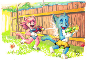 Amy and Ace playing with squirt guns (cloths version) by Acelionheart
