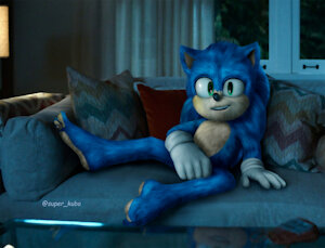 Sonic chilling barefoot on his sofa by superkubo