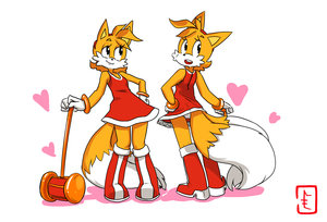 Tails in Amy and Bunnie costume. by cumeoart