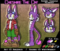 Cheshire Thaddeus Felonious by WhiteWhiskey - cat, male, reference sheet, shorts, oc, purple fur, pink fur, hawaiian shirt, tiger stripe, cheshire thaddeus felonious