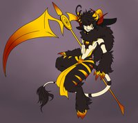 Primeval Faux Devil: Rusty Heart by NeonBluh - yellow, male, claws, fur, devil, horns, hooves, scythe, faux, faux devil, weapon spirit