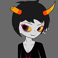 Homestuck Fan Troll: Priscilla Peixes by NioFloofArtist - girl, female, panties, gray, alien, fangs, smile, troll, horns, aquatic, zodiac, yellow eyes, black hair, looking at viewer, sprite, headset, fan character, gills, homestuck, eyeshadow, torn clothing