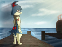 Azar the Quilava by MewDan - male, scarf, pokemon, water, fur, sea, quilava, boat, looking at viewer, horizon, originalcharacter, pocketmonsters, piers