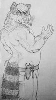 Raccoon Engineer by ZkOtt - fuzzy, raccoon, male, gloves, muscles, fat, fuzz, chubby, mechanic, military, smoke, smoking, cigarette, engineer, cigar, musclechub, tools, tobacco, raccoon dog, back view, solo male, raccoondog, rzr