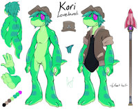 Kori's Goods by notfornothin - green, pantsless, scaly, amphibian, reptile, oc, reference, scaley, scalie, purple eyes, original species, ambiguous gender, green skin, unknown gender