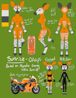 Sunrise the Okapi - Reference sheet by CrystalWolfDarkness - female, monster, sheet, reference, biker, okapi, energy drink, ultra sunrise