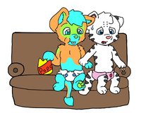 Scary Movie by Shokuji - female, male, tiger, cubs, alien, diapers, movie, shokuji, couch, scared, popcorn, shyanne, dandycandy