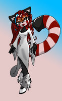 Lovely Miss Red by Lici - red, girl, woman, female, red panda, long hair, dress, sexy, panda, blue, white, mask, stripes, mommy, hair, lady, boots, long tail, gown, curly, curly hair, streak, pandacoon, momma