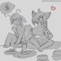 some doodles by SilverMoriko - feline, female, husky, male, canine, eating, sabertooth cat, sophie, silvy, silver nightsong