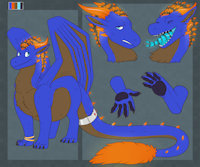 Jayri's Ref +alt by ChakatJaggerfrost - dragon, male, reference sheet, orange, tail, paws, glowing, blue, black, brown, pudgy, furry, wings, ref, ref sheet, glowing eyes, jayri, avieock, tailmaw, veradian, scalefur