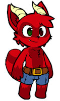 Cornibus [oob style] by TitothaRaccoon - raccoon, male, demon, chibi, horns, fursona, red fur, red hair, sfw, green eye, oob, brown eye, demon raccoon, raccoon/demon