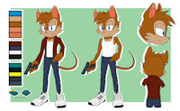 Sprint (G-version) by Lex - male, clothed, jacket, jeans, reference sheet, mouse, profile, gun, shoes, sonic, oc, reference, rodent, blue eyes, tank top, buck teeth, tanktop, whiskers, bucktooth, sonic fan character, firearm, brown fur, sonic - tame, field mouse, sonic oc, sonic fc, buckteeth