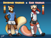 The Truman Brothers (SFW) (Art by Bleats) by Claws61821 - red panda, male, clothed, brothers, secret, cuntboy, cuntboi, cboy, hybrid species, intersexed male, cboi, intersex male, gym uniform, gold platinum fox, red panda fox, waiter uniform, wahfox