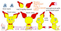 Kirairu Nightheart (Sheet) by CrystalAbsol - female, tail, pokemon, shiny, eyes, ears, smile, young, sheet, ref, solo, text, happy, alone, ref sheet, standing, blue eyes, single, young adult, pichu, yellow fur, back view, front view, side view, open eyes, closed mouth, infos, red tail, informations, baby pokémon, kirairu nightheart, red ears