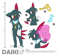 Daiki ref sheet by RivvonCat - male, scarf, jewelry, pokemon, standing, sneasel, pendant, character ref