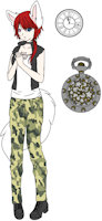 tsukihi by TwistedCheshire - female, reference sheet, stars, sheet, ref, choker, solo, ref sheet, reference, watch, camo, artic fox, pocket watch, female solo, camoflauge, montreyeux, heterchormia