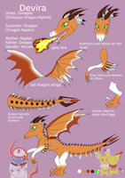 Devira - Ref-Sheet by CrystalAbsol - dragon, female, hybrid, tongue, white, claws, fire, wings, horns, feathers, dinosaur, head, ref, solo, alone, ref sheet, green eyes, open mouth, single, open eyes, closed mouth, brown body, draptor, doragon, yami krypto, devira, dinogon, sickle claw