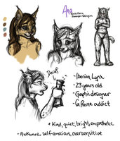 Anakuro Character Study: Ana by Anakuro - sketch, cute, feline, comic, female, underwear, freckles, character sheet, spots, profile, lynx, character, sheet, ref, coffee, reference, expressions, earrings, study, webcomic, plantigrade, ana, spanish, anakuro, decaf, iberian lynx