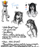Anakuro Character Study: Fiona by Anakuro - sketch, naked, boobs, nude, feline, comic, female, tiger, sexy, character sheet, white, profile, stripes, bengal, character, ref, chinese, reference, expressions, earrings, study, secretary, webcomic, plantigrade, slutty, fiona, anakuro, bengal tiger
