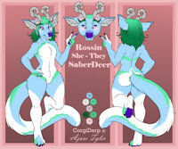 Rossin official reference by ColleenMae - hybrid, reference sheet, green, androgynous, blue, deer, pastel, genderless, plant, nature, cacti, model sheet, saber-tooth, succulent