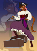 Alicia's Ancestors: Captain Amanda by Rutgerman95 - cat, feline, female, dress, pirate, pistol, pose, oc, chest, captain, treasure, havanna