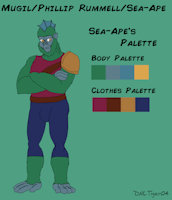 DD_Sea-Ape Reference Sheet by DNLtiger04 - male, reference sheet, armor, ref, costume, superhero, ref sheet, reference, ape, phillip, primate, male solo, webbed feet, green fur, webbed hands, the delectable dairy dame, shoulder pad, guild of guardians, prima aquatus, aquatic primate, aquatrosian ape, gray-blue skin, head fin, sea-ape, sea ape, mugil, phillip rummell