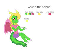 Adagio the Artisan Dragoness - Spyro OC by KendraEevee - dragon, female, reference sheet, wings, horns, oc, dragoness, red eyes, blonde hair, flute, original character, fan character, western dragon, green scales, female/solo, spyro reignited trilogy
