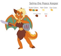 Selma the Peace Keeper Dragoness - Spyro OC by KendraEevee - sword, dragon, female, reference sheet, spots, wings, horns, oc, dragoness, scars, yellow eyes, blonde hair, shield, original character, fan character, western dragon, female/solo, thick legs, orange scales, thicc, spyro reignited trilogy