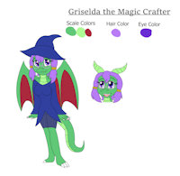Griselda the Magic Crafter Dragoness - Spyro OC by KendraEevee - dragon, female, glasses, reference sheet, wings, horns, oc, cloak, dragoness, purple hair, purple eyes, original character, fan character, western dragon, green scales, female/solo, witch hat, spyro reignited trilogy