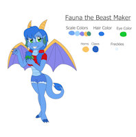 Fauna the Beast Maker Dragoness - Spyro OC by KendraEevee - dragon, female, reference sheet, wings, horns, oc, blue hair, dragoness, pigtails, green eyes, original character, fan character, western dragon, shortshorts, female/solo, blue scales, spyro reignited trilogy