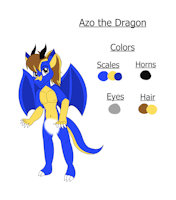 Azo the Western Dragon Ref Sheet by KendraEevee - dragon, male, reference sheet, anthro, claws, reptile, wings, horns, fursona, scalie, ponytail, highlights, brown hair, original character, fan character, western dragon, male/solo, blue scales, gray eyes, yellow scales, european dragon