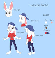 Lucky the Rabbit Reference Sheet by KendraEevee - female, rabbit, reference sheet, character sheet, anthro, furry, long ears, brown eyes, baseball cap, concept art, white fur, buck teeth, lagomorph, bunny rabbit, female/solo