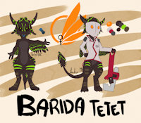 Character Sheet: Barida Tetet by IntoxEtiquette - female, mask, wrench, colors, bottomless, text, scales, feathered, original character, character reference, lab coat, black fur, xeno, blue tongue, character design, chest fluff, black sclera, plumage, four ears, avali, character details