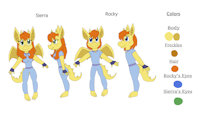 Rocky and Sierra the Dragon Twins Reference Sheet by KendraEevee - dragon, twins, female, male, reference sheet, anthro, brother, siblings, sister, reptile, wings, horns, dragoness, dragons, green eyes, scalie, blue eyes, original characters, red hair, model sheet, character reference, fingerless gloves, brother and sister, character design, character concept, fan characters, two characters, ocs, matching outfits, yellow scales