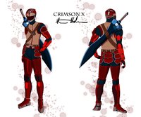 Crimson X Character Redesign by SorenKisamora - red, sword, boy, male, metal, leather, orange, demon, man, anime, blue, dark, human, armor, vest, psychic, evil, weapon, demonic, helmet, crimson, broadsword