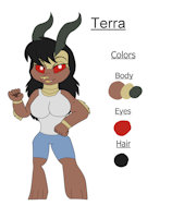 Terra Reference Sheet by KendraEevee - female, reference sheet, character sheet, daughter, horns, curvy, big breasts, red eyes, black hair, demoness, humanoid, large breasts, female/solo, jackie chan adventures, thick thighs, earth demon, fan child, muscular woman, thicc