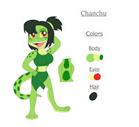 Chanchu the Toad/Newt Hybrid Reference Sheet by KendraEevee - mother, female, hybrid, reference sheet, character sheet, anthro, spots, frog, amphibian, milf, newt, big breasts, wife, red eyes, ponytail, dark hair, fan character, hybrid species, green skin, female/solo, yellow sclera, mature female, gapped teeth