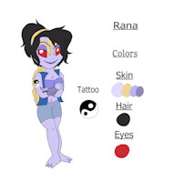 Rana Reference Sheet by KendraEevee - female, piercing, hybrid, reference sheet, character sheet, daughter, tattoo, frog, red eyes, black hair, demoness, character reference, fan character, purple skin, female/solo, jackie chan adventures, tattooed, wind demon, fan child