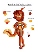 Xandra Reference Sheet by KendraEevee - female, reference sheet, character sheet, anthro, claws, velociraptor, raptor, necklace, feathers, dinosaur, curvy, wide hips, red hair, original character, character reference, fan character, gold eyes, female/solo, feathering, thick thighs, thick hips, toe claws, orange scales, yellow scales, sharp claws, thicc, thicc thighs