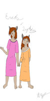 Erika and Lydia by NikkiWolf315 - fox, cute, girl, cat, female, hybrid, clean, siblings, nightshirt, sisters