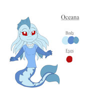 Oceana Reference Sheet by KendraEevee - female, teen, reference sheet, teenager, character sheet, daughter, aquatic, mermaid, red eyes, demoness, flat chest, humanoid, fan character, small breasts, pearl necklace, blue skin, female/solo, jackie chan adventures, small chest, water demon, fan child
