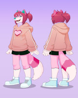Pixel - Reference Sheet (clothed) by PixelPaws - fox, female, teal, pink, hearts, pixel