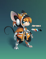 OC: Hermes by JoVeeAl - male, gloves, reference sheet, mouse, tail, character sheet, original, anthro, illustration, smile, furry, shoes, oc, hoodie, clothing, cloak, rodent, blue eyes, digital art, original character, orange fur, simple background, character design, color palette, buckteeth, bionic arm, bionic leg