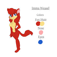 Imma Weasel Reference Sheet by KendraEevee - female, reference sheet, character sheet, anthro, mustelid, furry, weasel, blue eyes, red fur, red hair, original character, character reference, yellow fur, female/solo