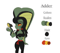 Adder Reference Sheet by KendraEevee - female, reference sheet, character sheet, anthro, snake, daughter, reptile, cobra, curvy, scalie, wide hips, red eyes, black hair, green scales, female/solo, snake girl, fan child
