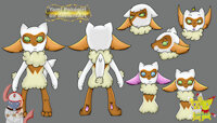 Ryaou – Sheet by CrystalAbsol - female, male, hybrid, reference sheet, pokemon, pose, sheet, side, ref, transgender, oc, solo, riolu, alone, expressions, back, standing, green eyes, blue eyes, single, front, white fur, fusion, fullbody, headshots, original character, leafs, brown fur, facial expressions, cottonee, open eyes, halfbody, yami krypto, yami pokegirl, pokemon sfw, fluffy body, fluffy parts, orange leafs, ryaou, pink leaf