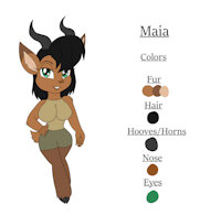 Maia Reference Sheet by KendraEevee - goat, mother, female, reference sheet, character sheet, anthro, horns, hooves, green eyes, big breasts, wide hips, wife, black hair, faun, fan character, brown fur, female/solo, jackie chan adventures