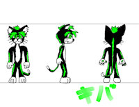 Kiba Character Sheet by dreamcastboy99 - male, character sheet, green hair, green eyes, domestic cat, white fur, black fur, katakana, green fur, japanese text