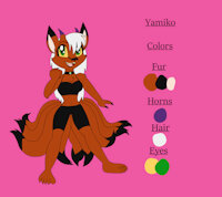 Yamiko Reference Sheet by KendraEevee - female, hybrid, reference sheet, character sheet, anthro, daughter, horns, green eyes, white hair, multiple tails, red fur, oni, fan character, kistune, female/solo, jackie chan adventures, yellow sclera, fan child