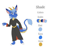 Shade Reference Sheet by KendraEevee - male, glasses, reference sheet, anthro, horns, blue hair, scalie, blue eyes, robe, goatee, eastern dragon, fan character, facial hair, stubble, male/solo, blue scales, yellow scales, multicolored scales